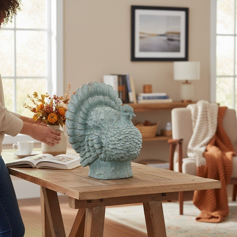 Marshalls Turkey Figurine Home Decor OS Blue NWOT Rustic Faux Wood Carved